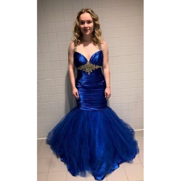 GORGEOUS PREOWNED VINTAGE BLUE MORI LEE MERMAID TULLE CRYSTAL BEADED GOWN SZ 8 - Picture 1 of 13